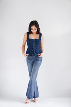 Sia Denim Corset Lace Up Top in Blue