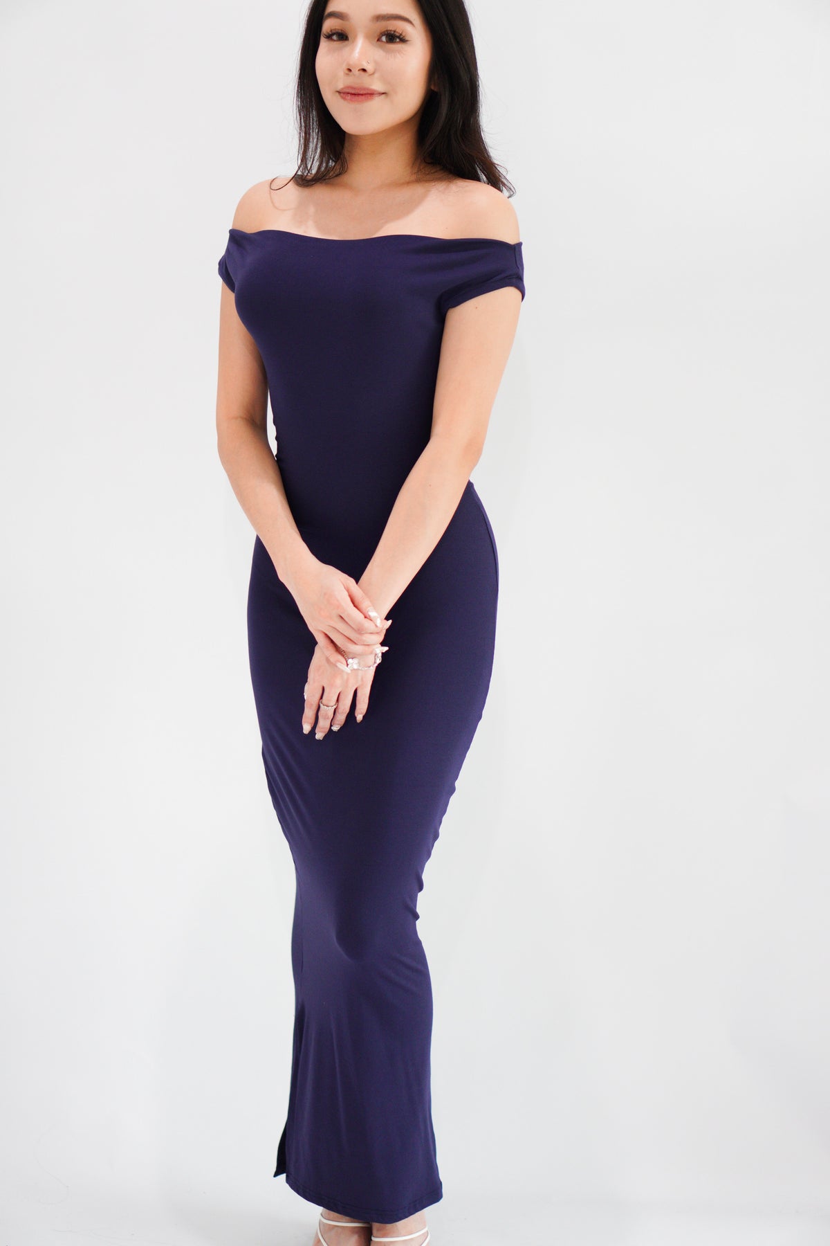 Fenka Off Shoulder Ruched Waist Maxi Bodycon Dress in Dark Blue