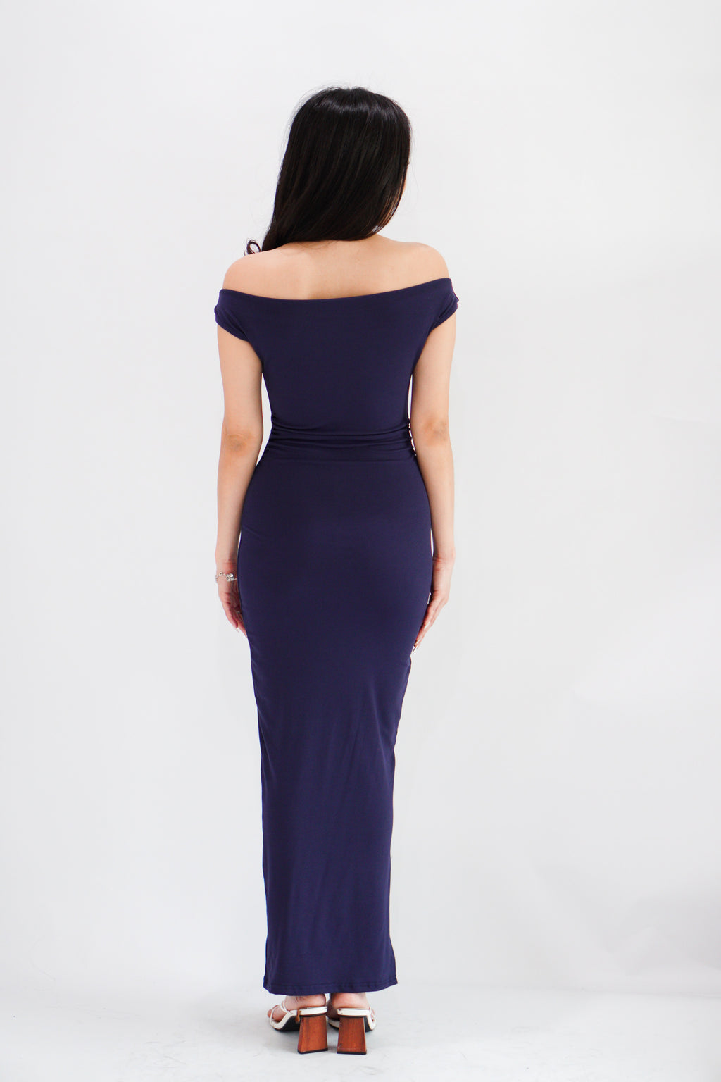 Fenka Off Shoulder Ruched Waist Maxi Bodycon Dress in Dark Blue