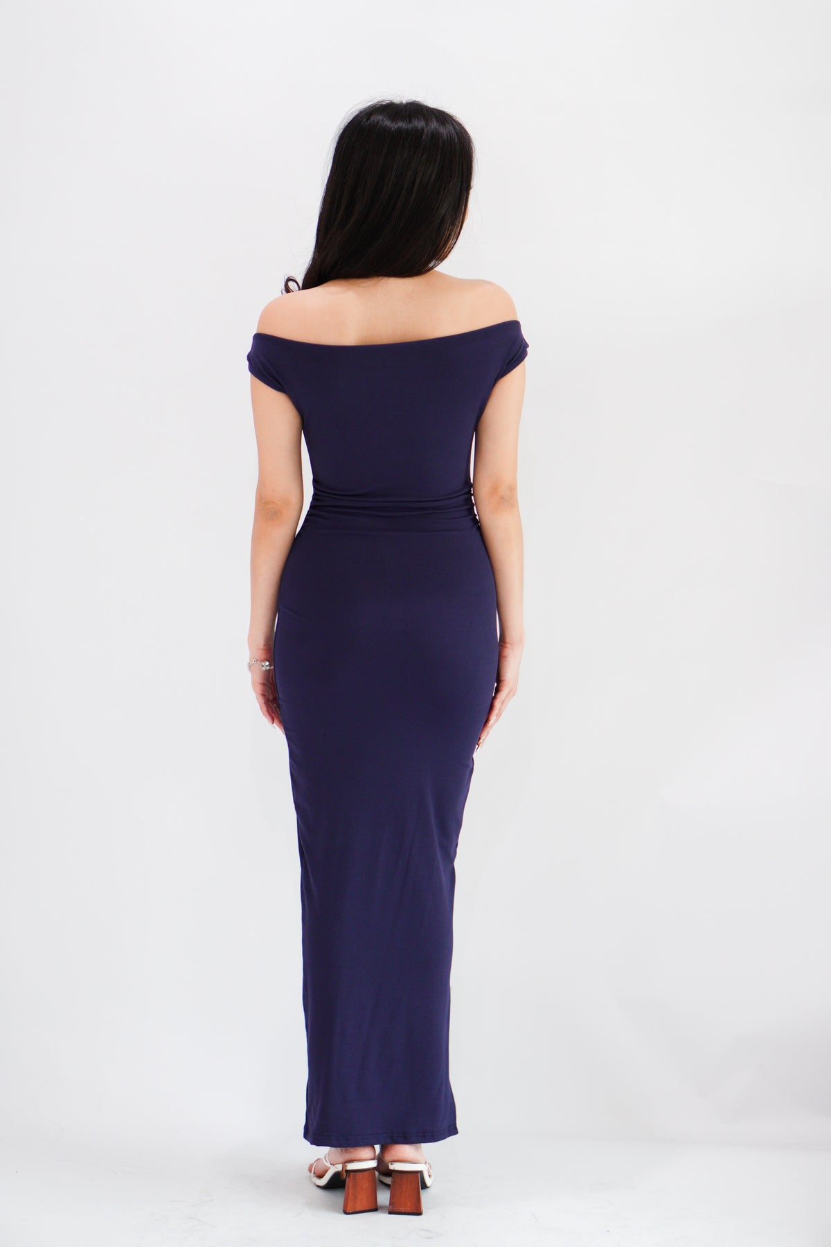 Fenka Off Shoulder Ruched Waist Maxi Bodycon Dress in Dark Blue