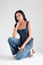 Sia Denim Corset Lace Up Top in Blue