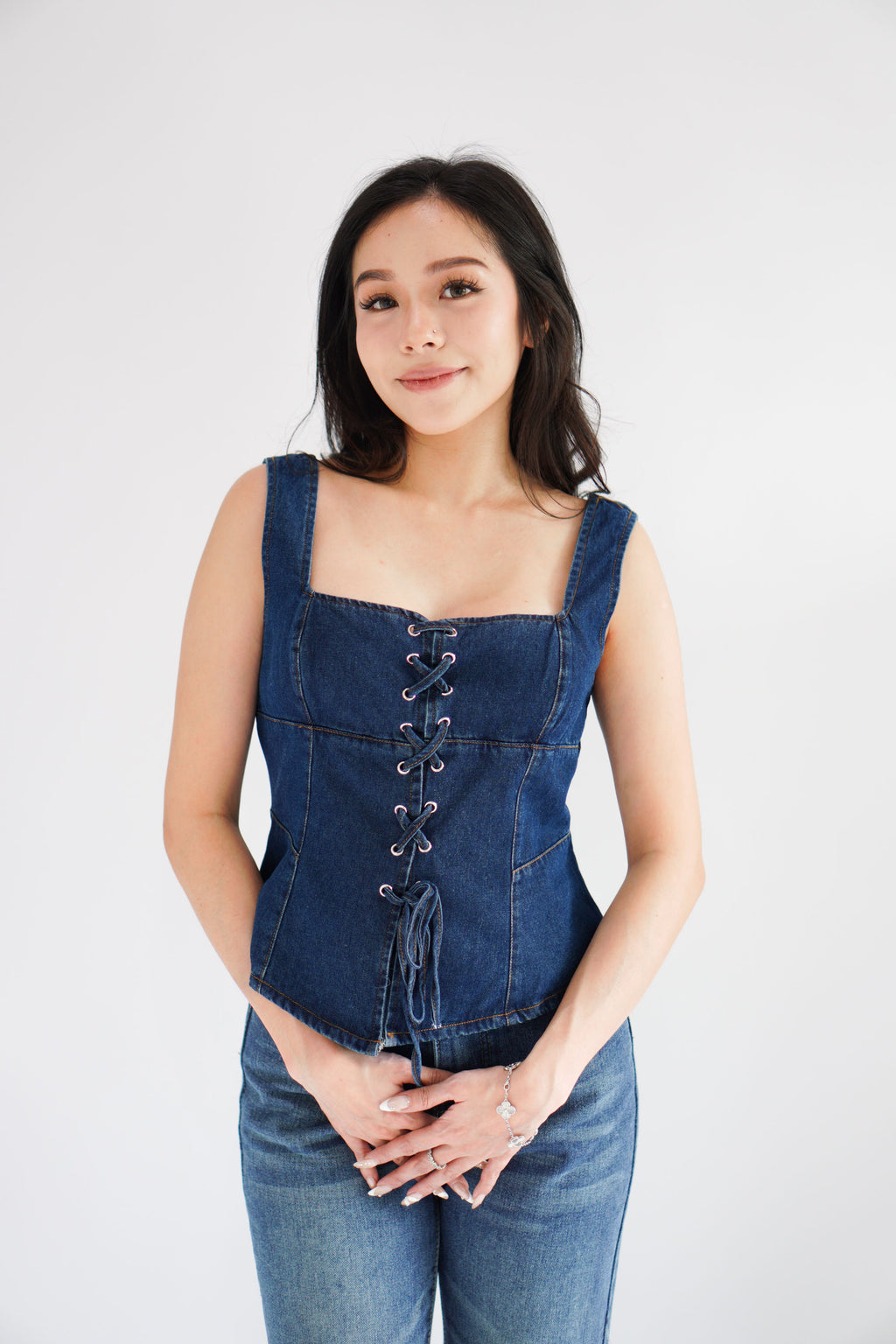Sia Denim Corset Lace Up Top in Blue