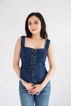Sia Denim Corset Lace Up Top in Blue