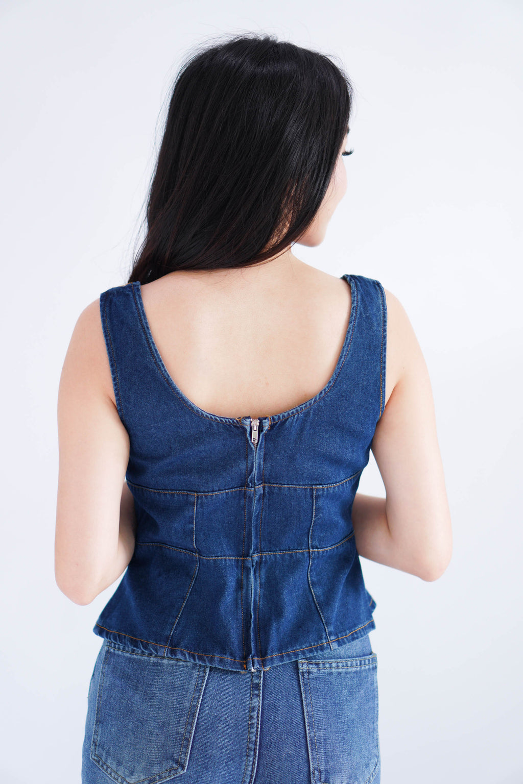 Sia Denim Corset Lace Up Top in Blue