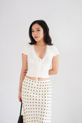 Fianna V Neck Lace Ribbon Short Sleeves Top in White