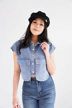 Kennedy Denim Collar Button Down Crop Top in Blue