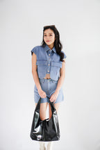 Kennedy Denim Collar Button Down Crop Top in Blue