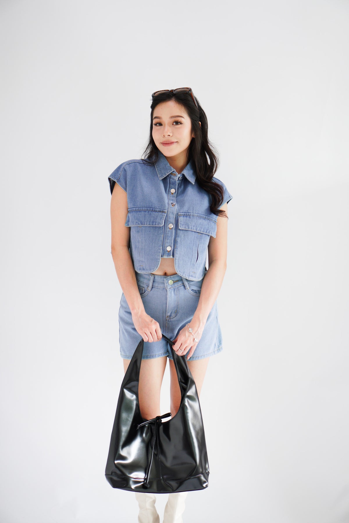 Kennedy Denim Collar Button Down Crop Top in Blue