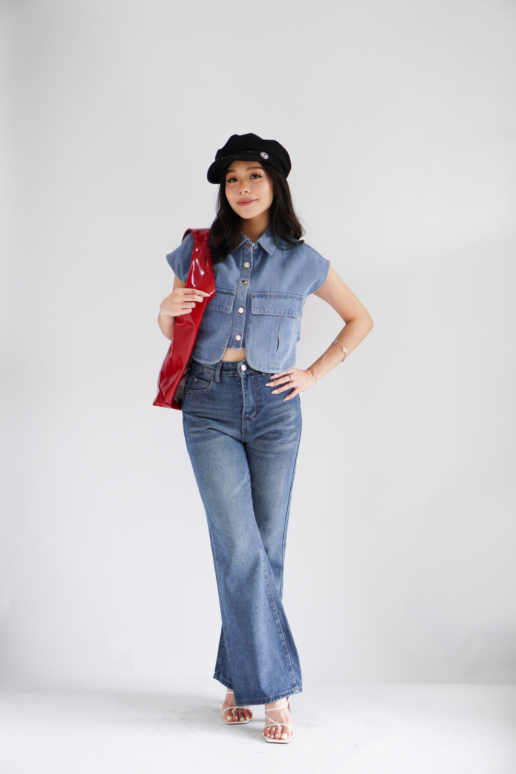 Kennedy Denim Collar Button Down Crop Top in Blue