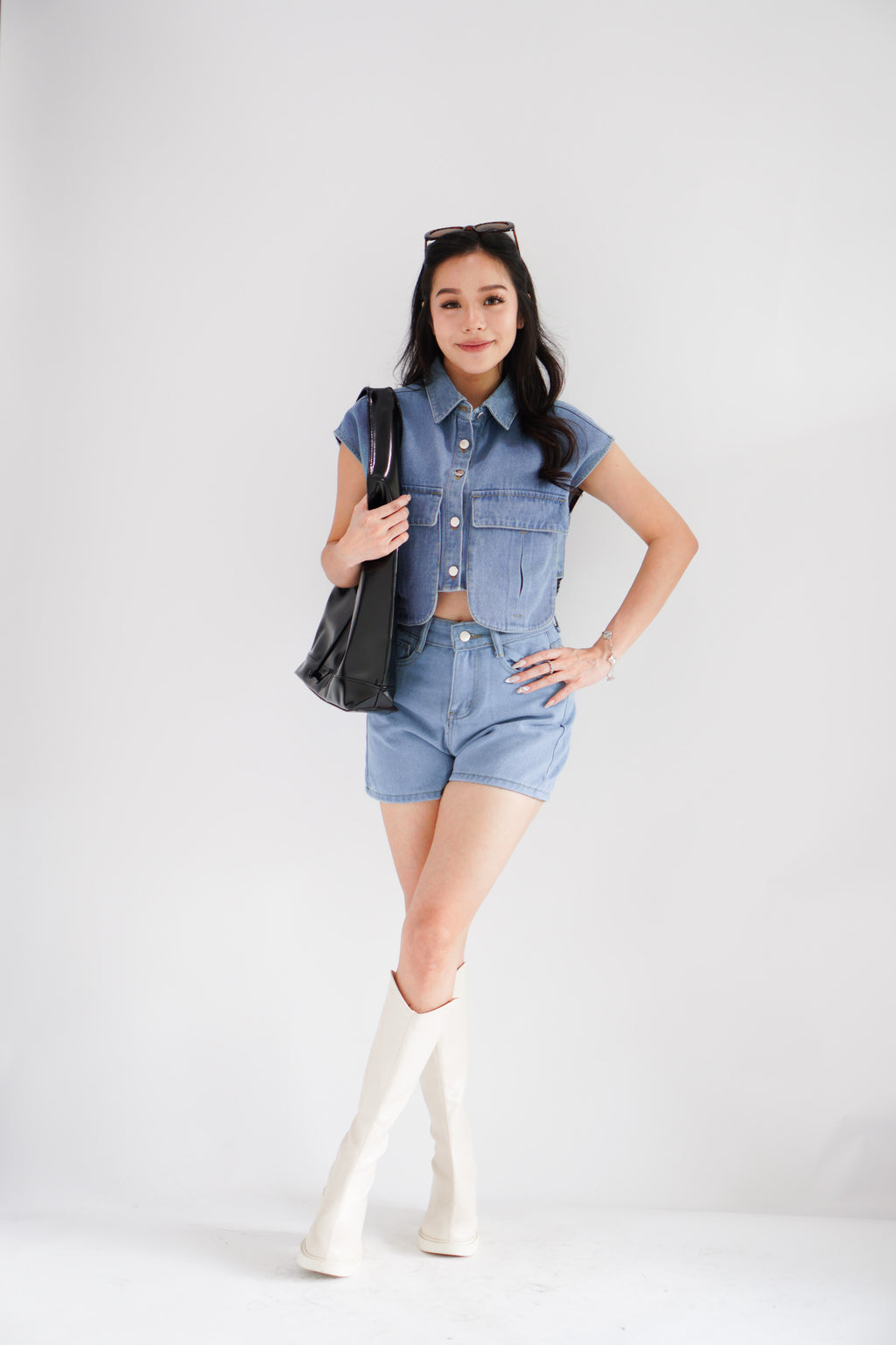 Kennedy Denim Collar Button Down Crop Top in Blue