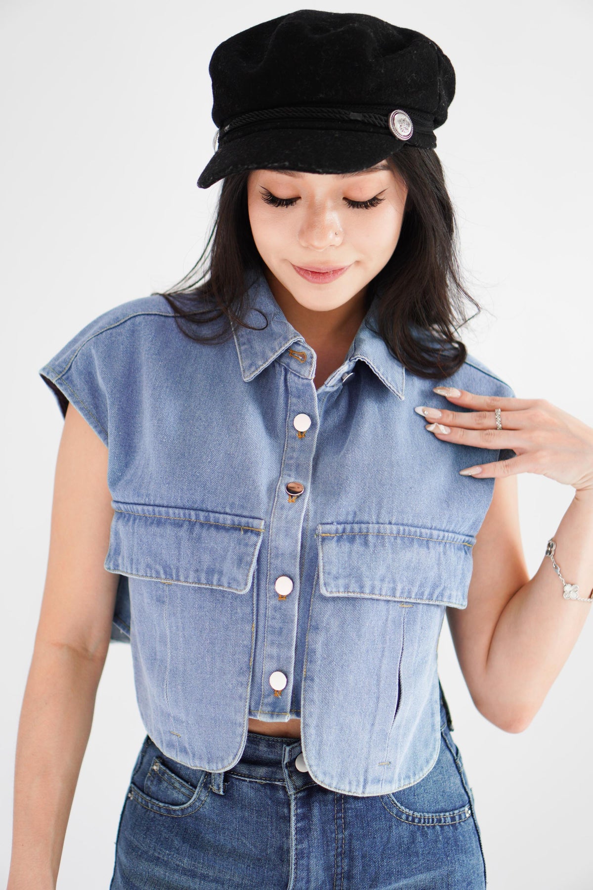 Kennedy Denim Collar Button Down Crop Top in Blue