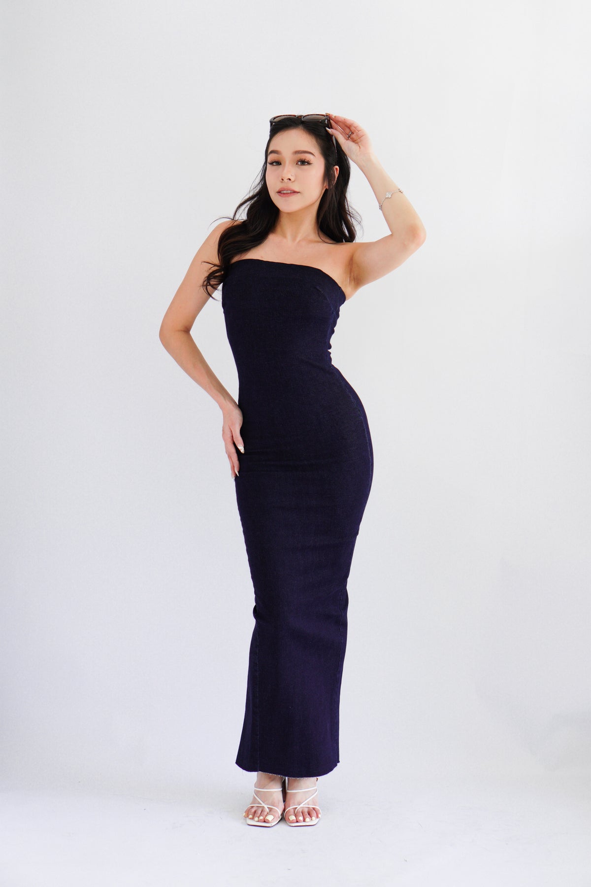 Hadley Denim Tube Maxi Bodycon Dress in Blue