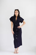 Elin Denim Collar Cap Sleeve Button Down Bodycon Dress in Blue