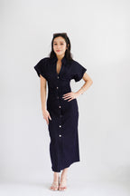 Elin Denim Collar Cap Sleeve Button Down Bodycon Dress in Blue