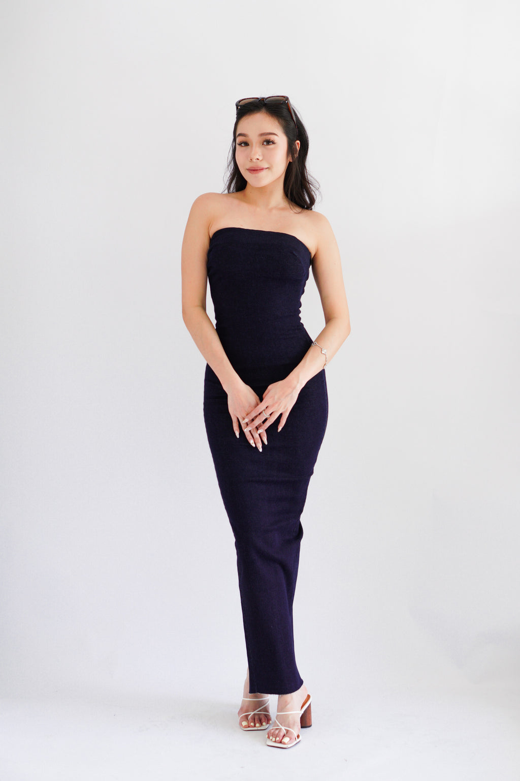 Hadley Denim Tube Maxi Bodycon Dress in Blue