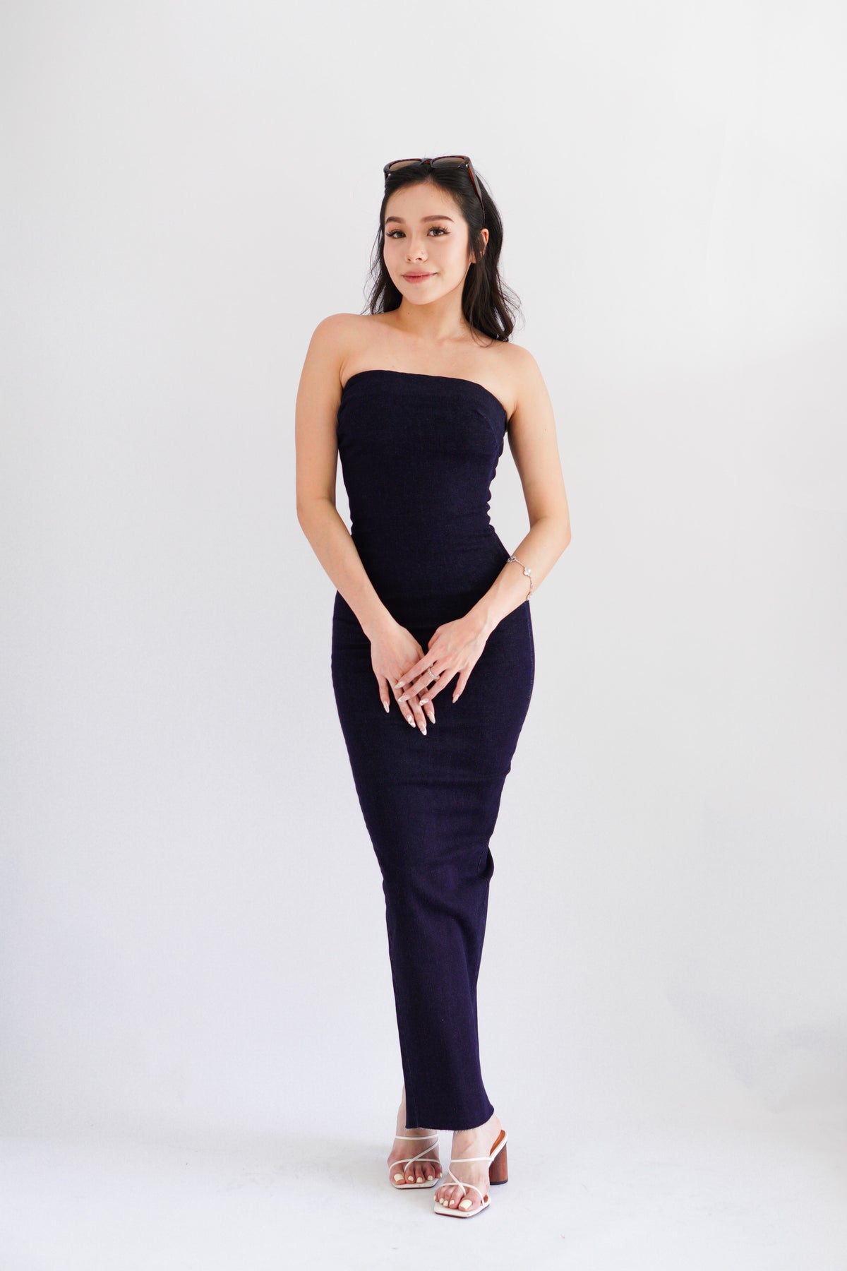 Hadley Denim Tube Maxi Bodycon Dress in Blue