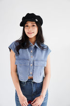 Kennedy Denim Collar Button Down Crop Top in Blue