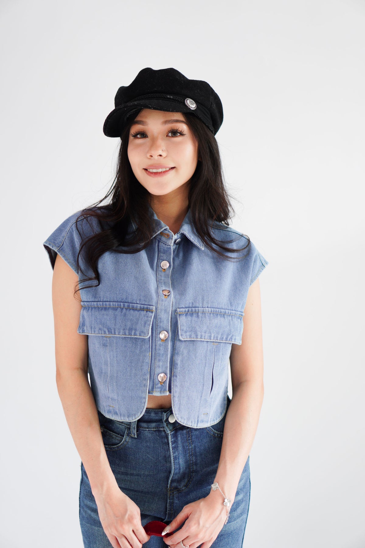 Kennedy Denim Collar Button Down Crop Top in Blue