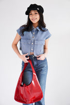 Kennedy Denim Collar Button Down Crop Top in Blue