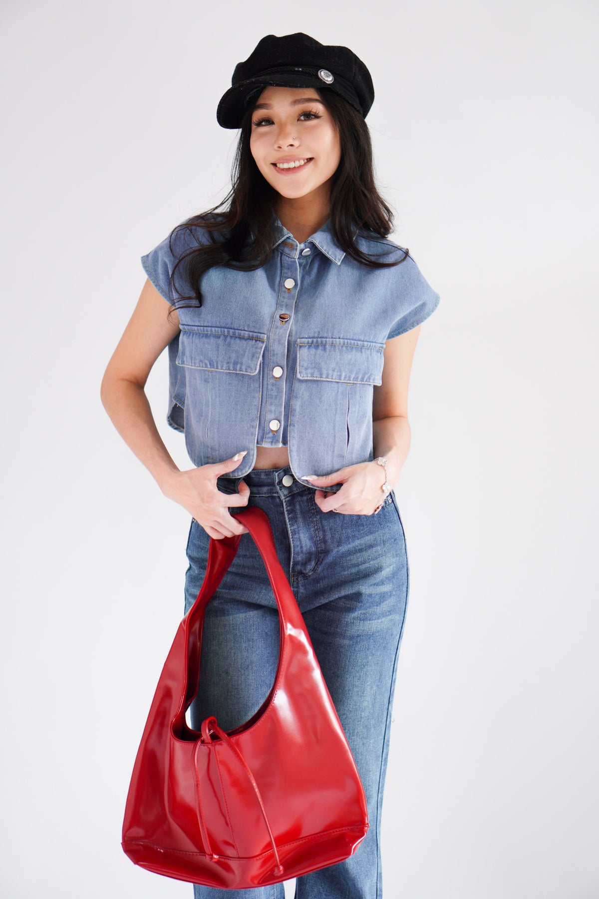 Kennedy Denim Collar Button Down Crop Top in Blue