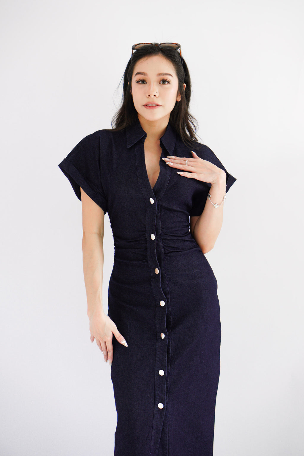 Elin Denim Collar Cap Sleeve Button Down Bodycon Dress in Blue