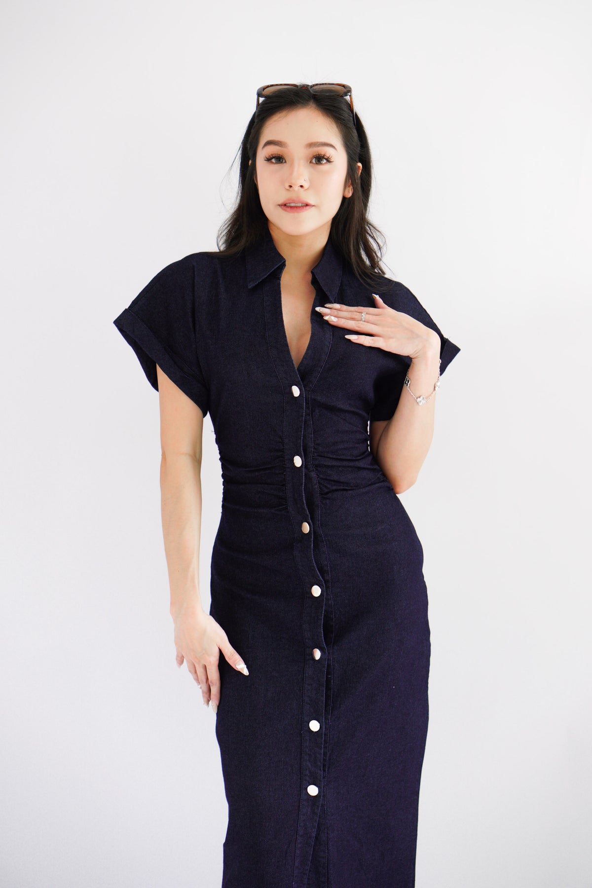 Elin Denim Collar Cap Sleeve Button Down Bodycon Dress in Blue