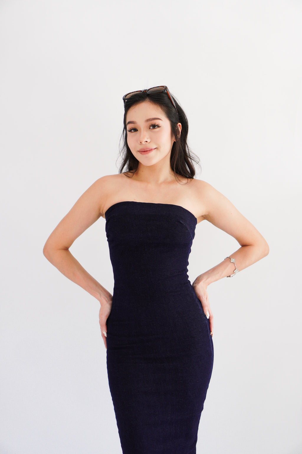 Hadley Denim Tube Maxi Bodycon Dress in Blue