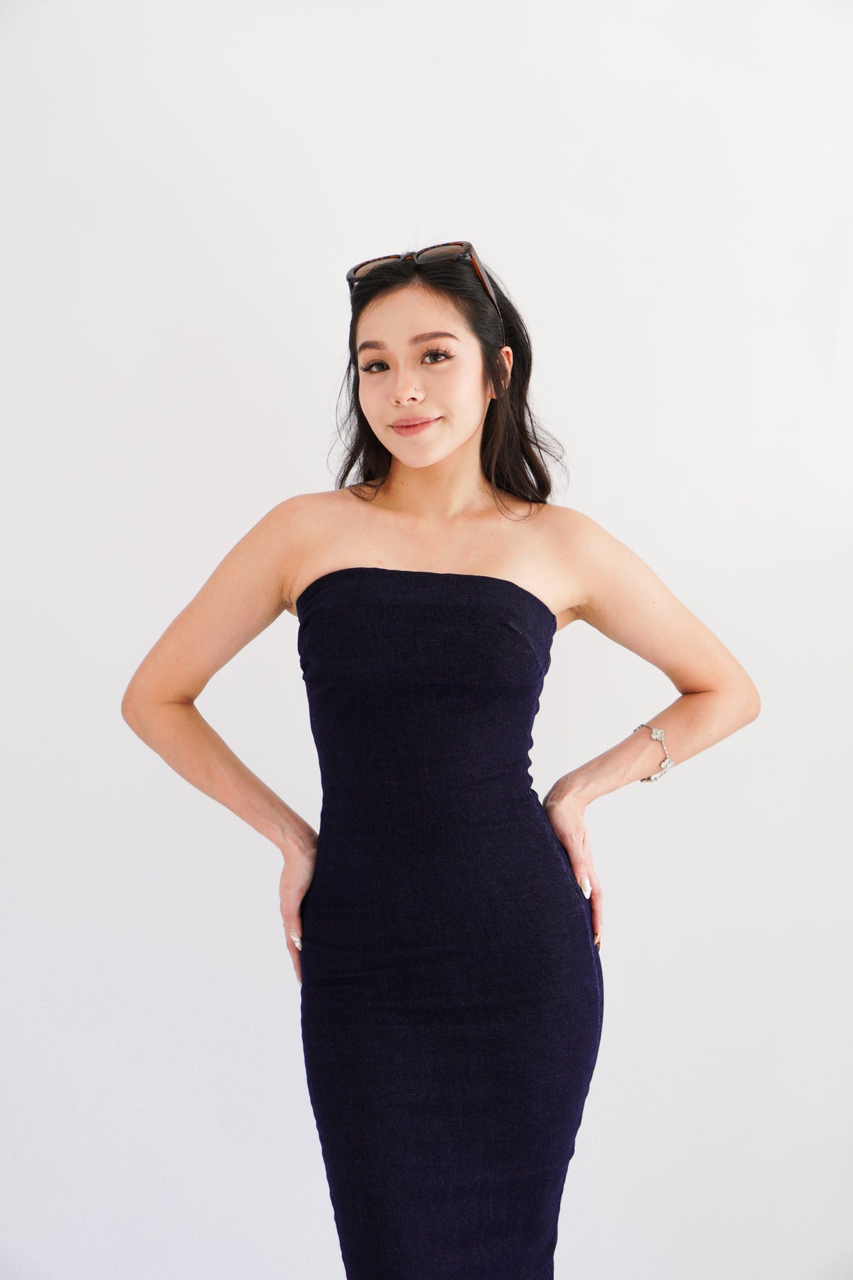 Hadley Denim Tube Maxi Bodycon Dress in Blue