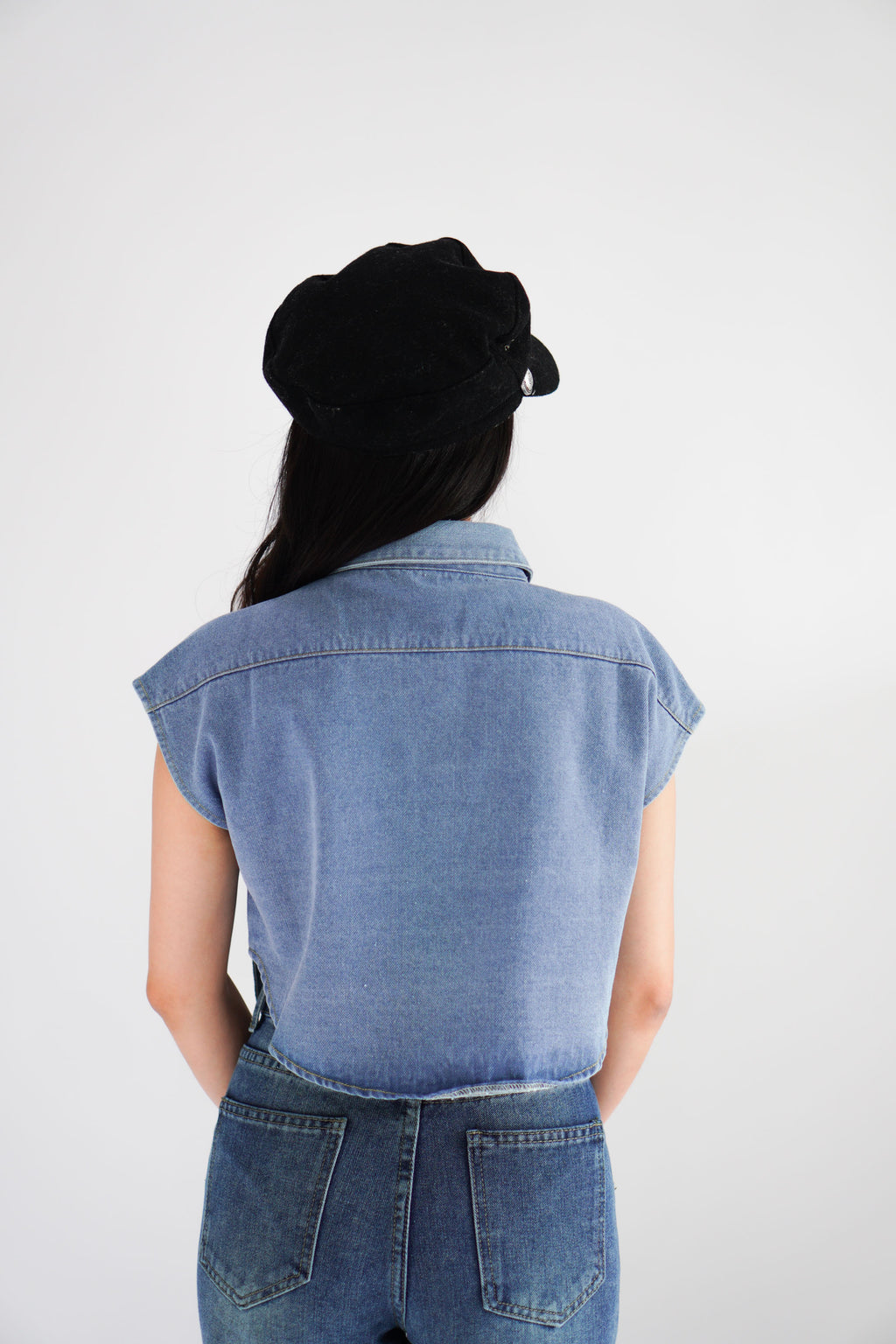 Kennedy Denim Collar Button Down Crop Top in Blue