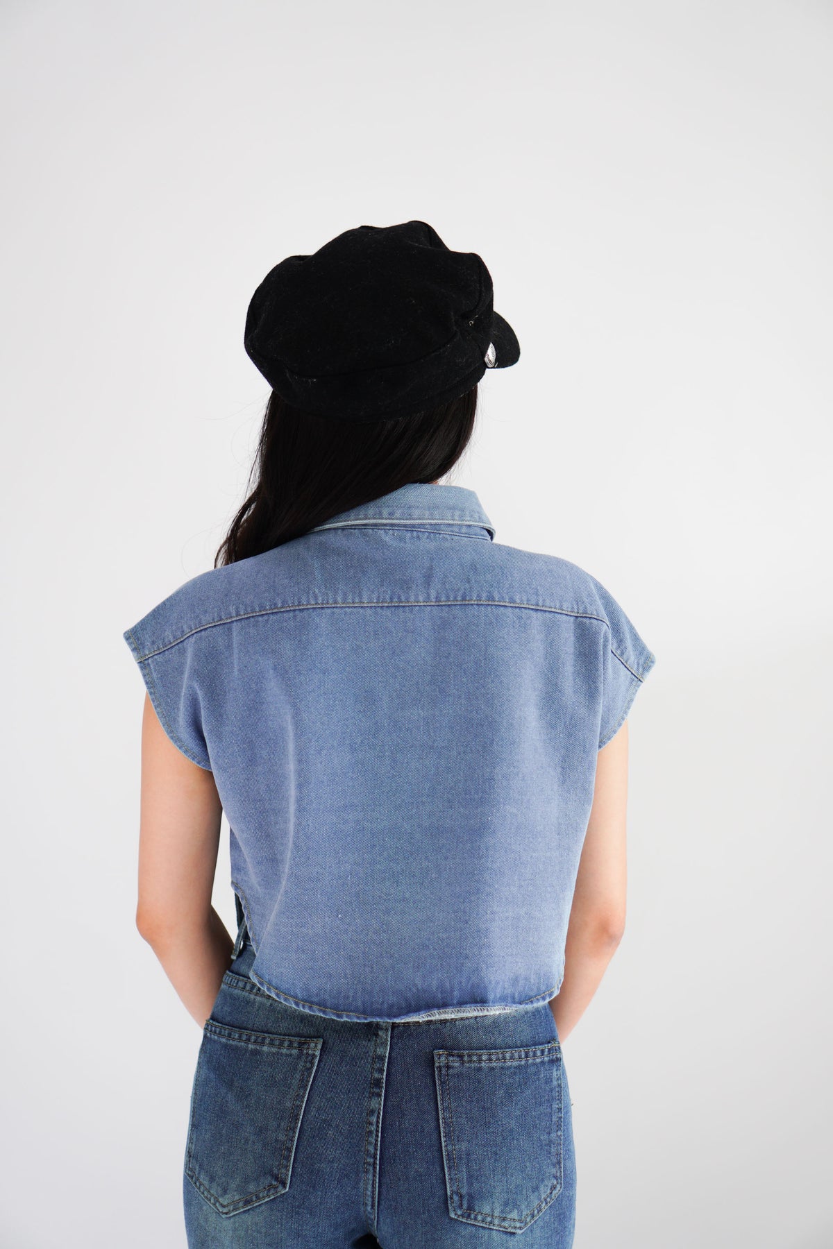 Kennedy Denim Collar Button Down Crop Top in Blue