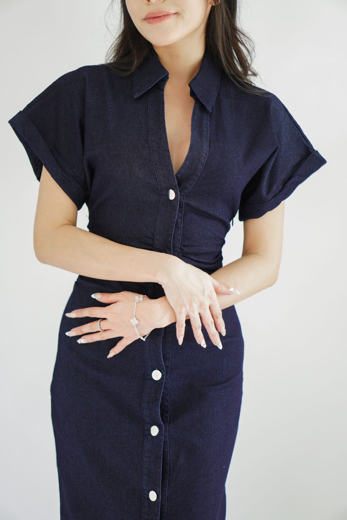 Elin Denim Collar Cap Sleeve Button Down Bodycon Dress in Blue