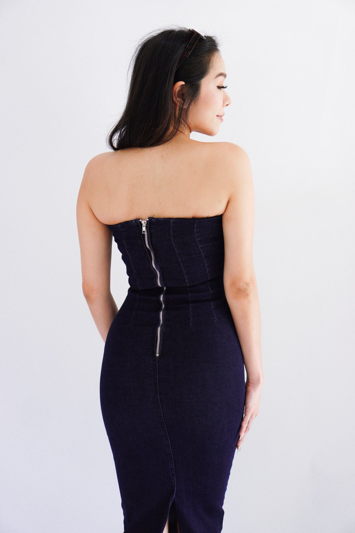 Hadley Denim Tube Maxi Bodycon Dress in Blue