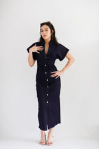 Elin Denim Collar Cap Sleeve Button Down Bodycon Dress in Blue