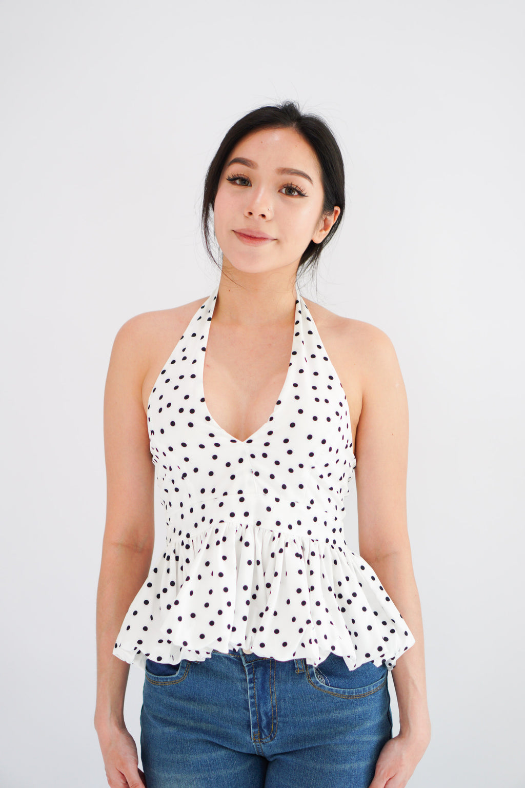Lizz Halter V Neck Polkadot Top in White