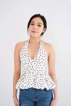 Lizz Halter V Neck Polkadot Top in White