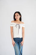 Olyssia Off Shoulder Top in White with Black Ribbon