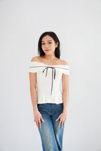 Olyssia Off Shoulder Top in White with Black Ribbon