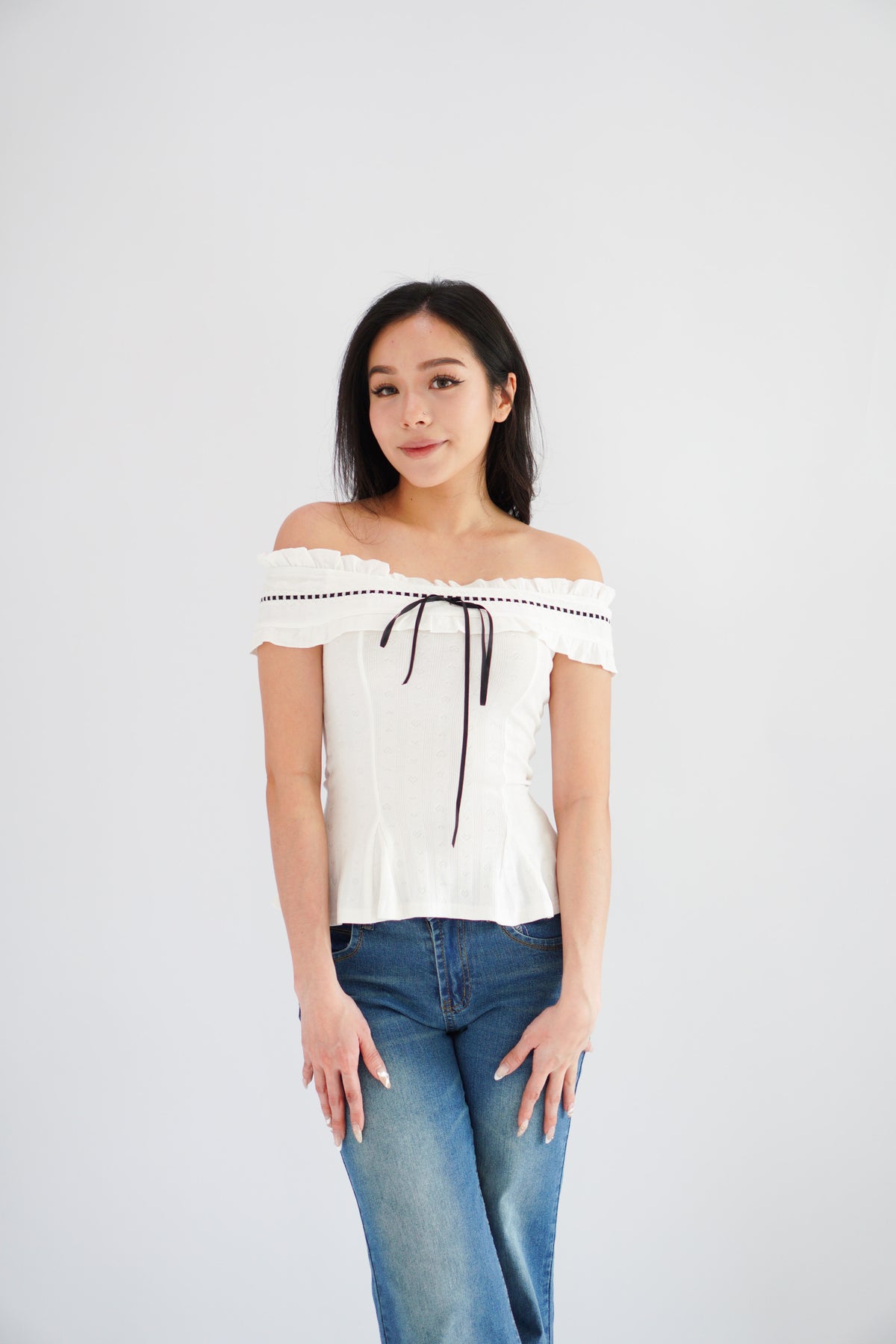 Olyssia Off Shoulder Top in White with Black Ribbon