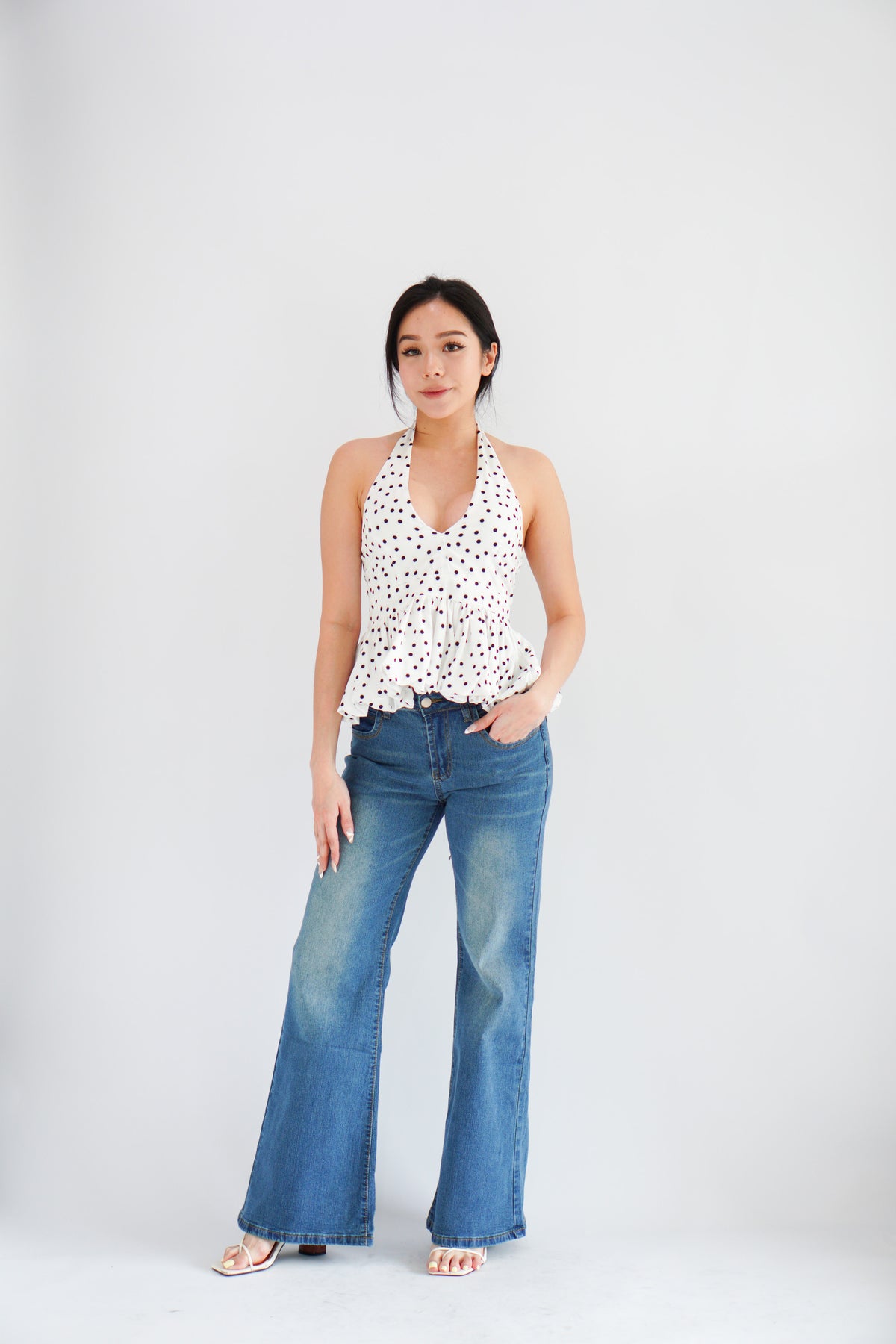 Lizz Halter V Neck Polkadot Top in White
