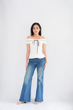 Olyssia Off Shoulder Top in White with Black Ribbon