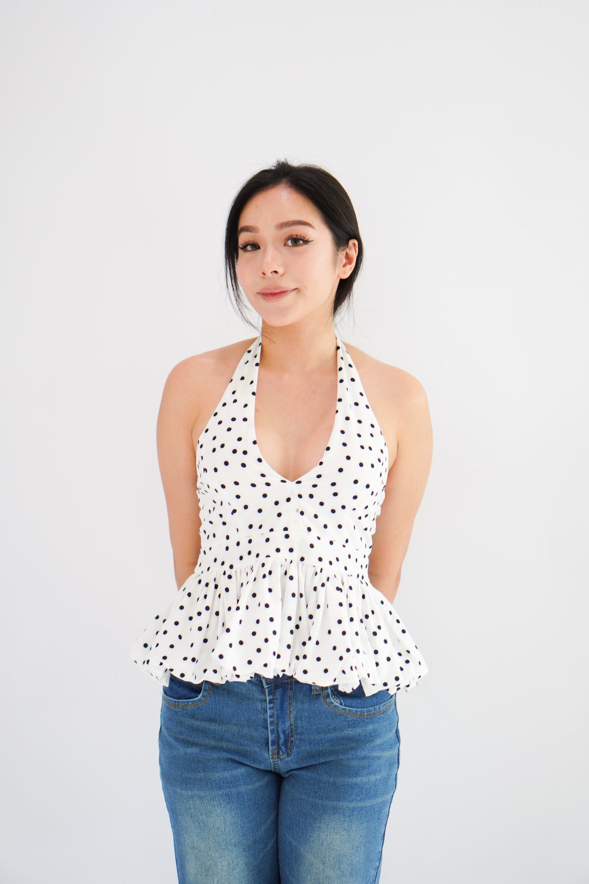 Lizz Halter V Neck Polkadot Top in White