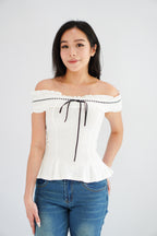 Olyssia Off Shoulder Top in White with Black Ribbon