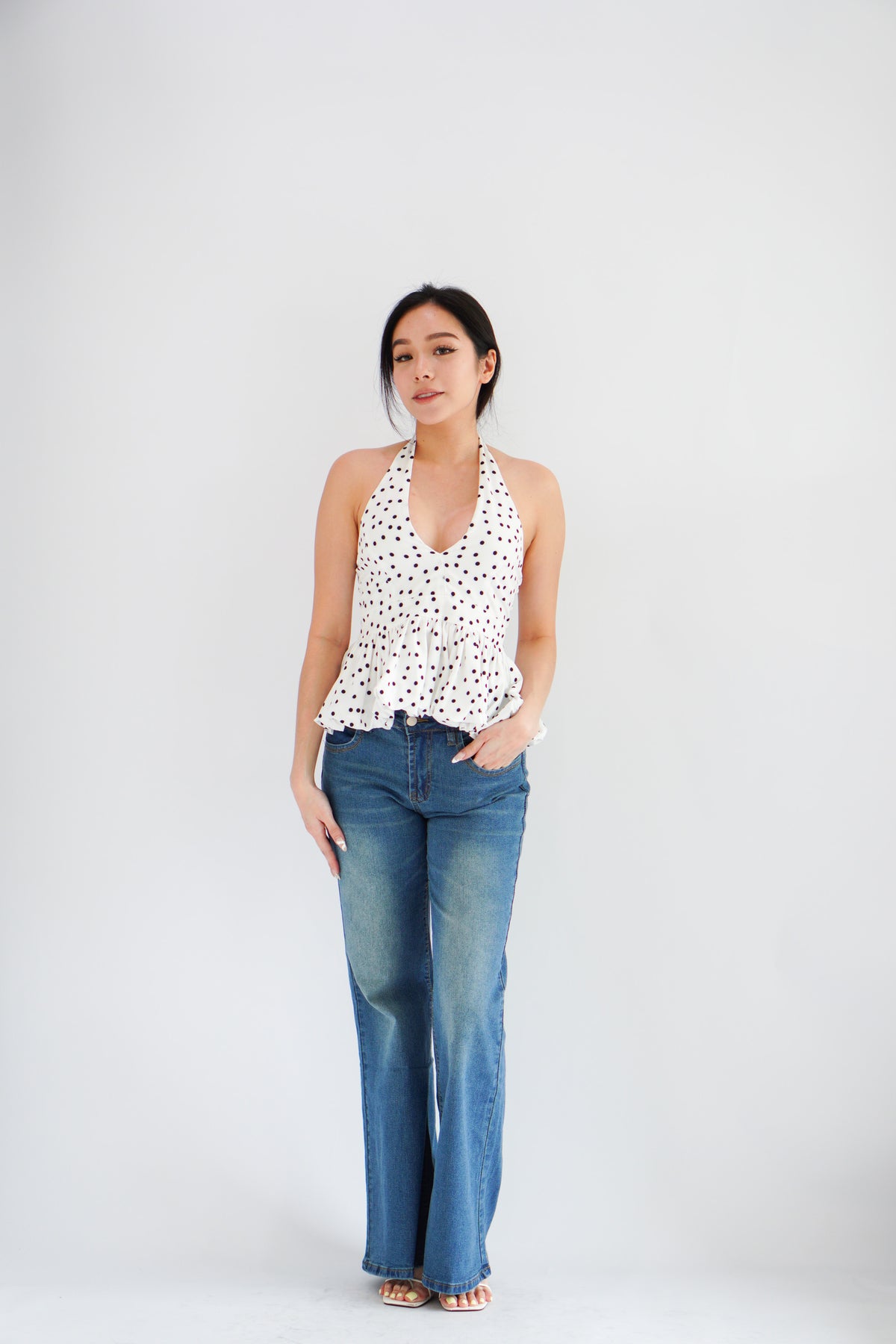 Lizz Halter V Neck Polkadot Top in White