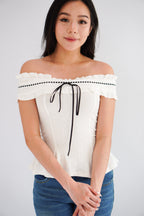 Olyssia Off Shoulder Top in White with Black Ribbon