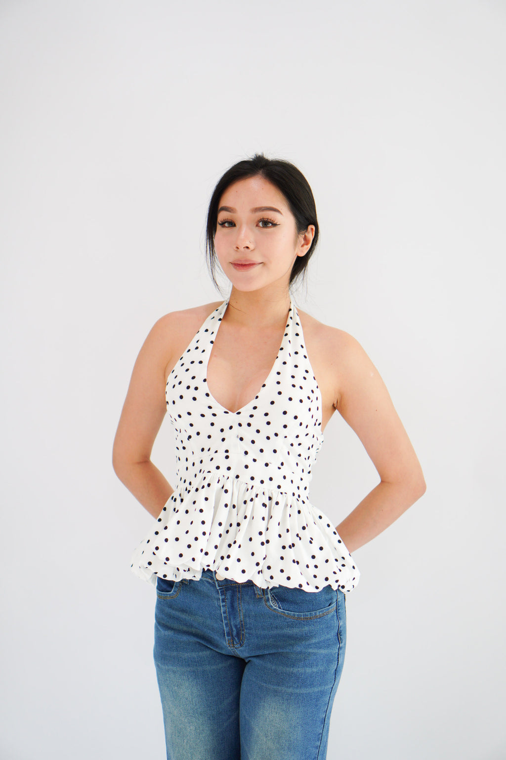 Lizz Halter V Neck Polkadot Top in White