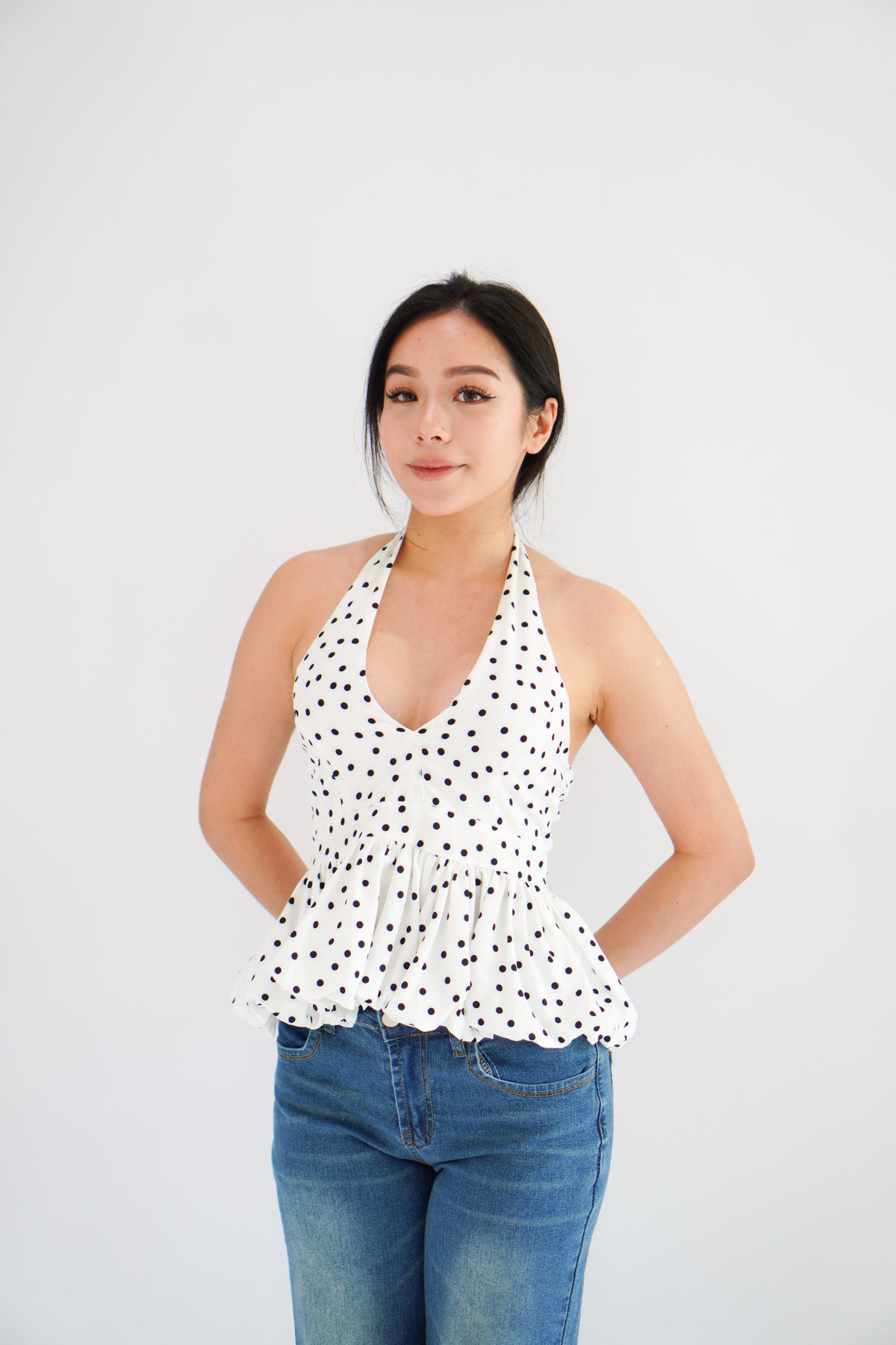 Lizz Halter V Neck Polkadot Top in White