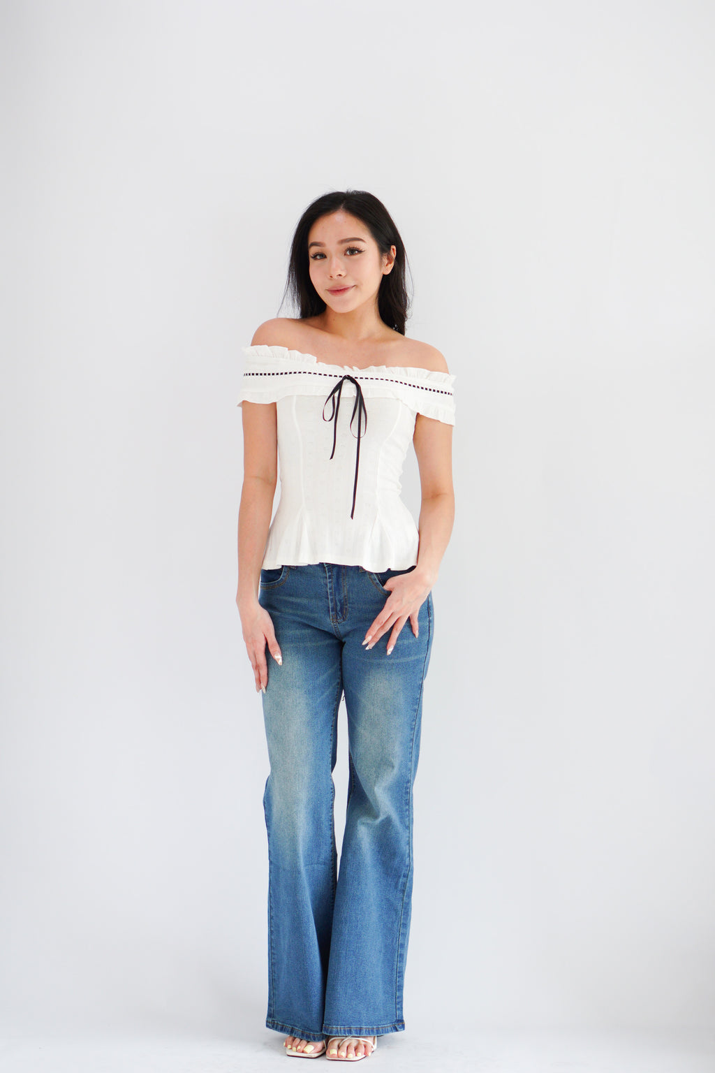 Olyssia Off Shoulder Top in White with Black Ribbon