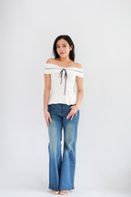 Olyssia Off Shoulder Top in White with Black Ribbon