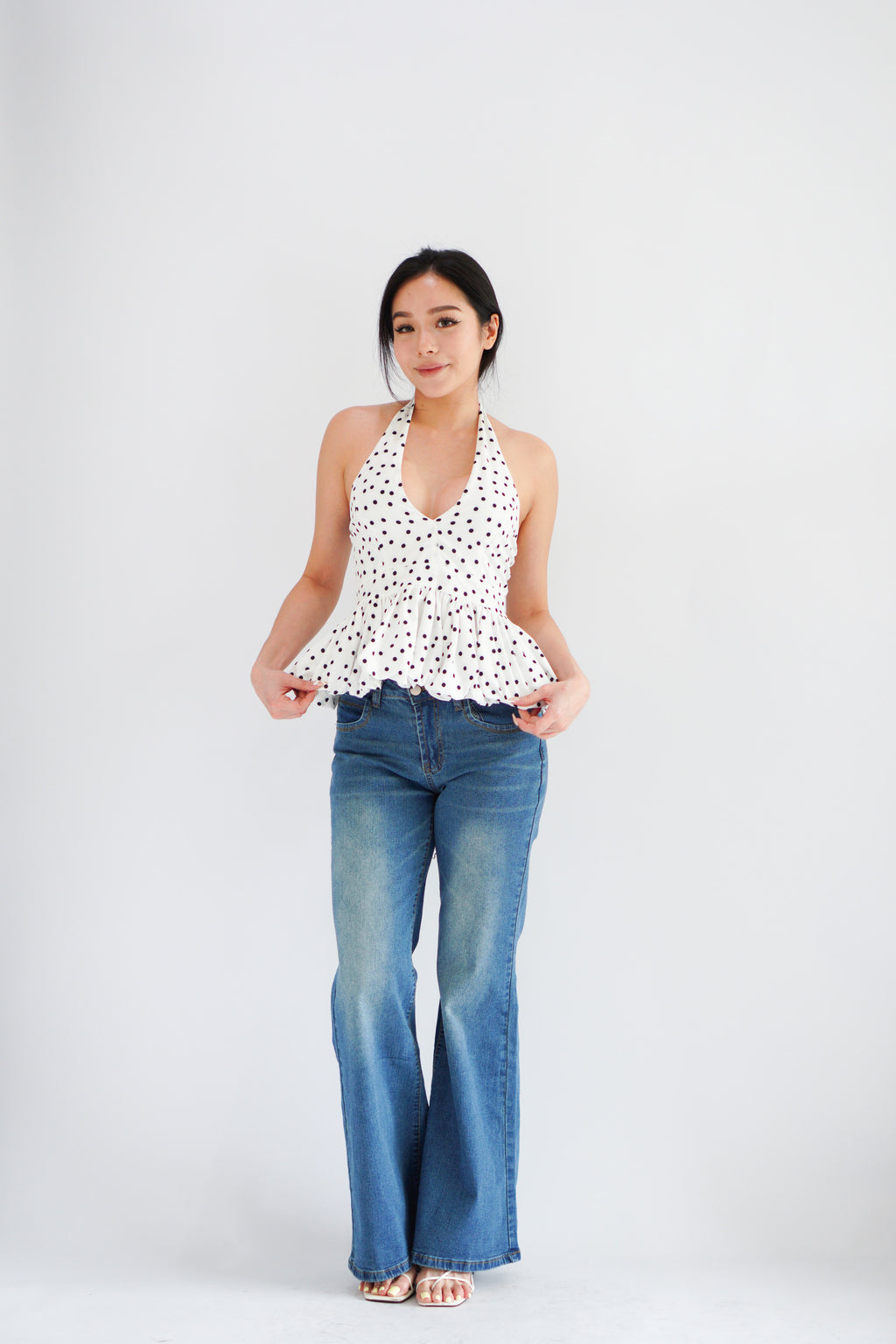 Lizz Halter V Neck Polkadot Top in White