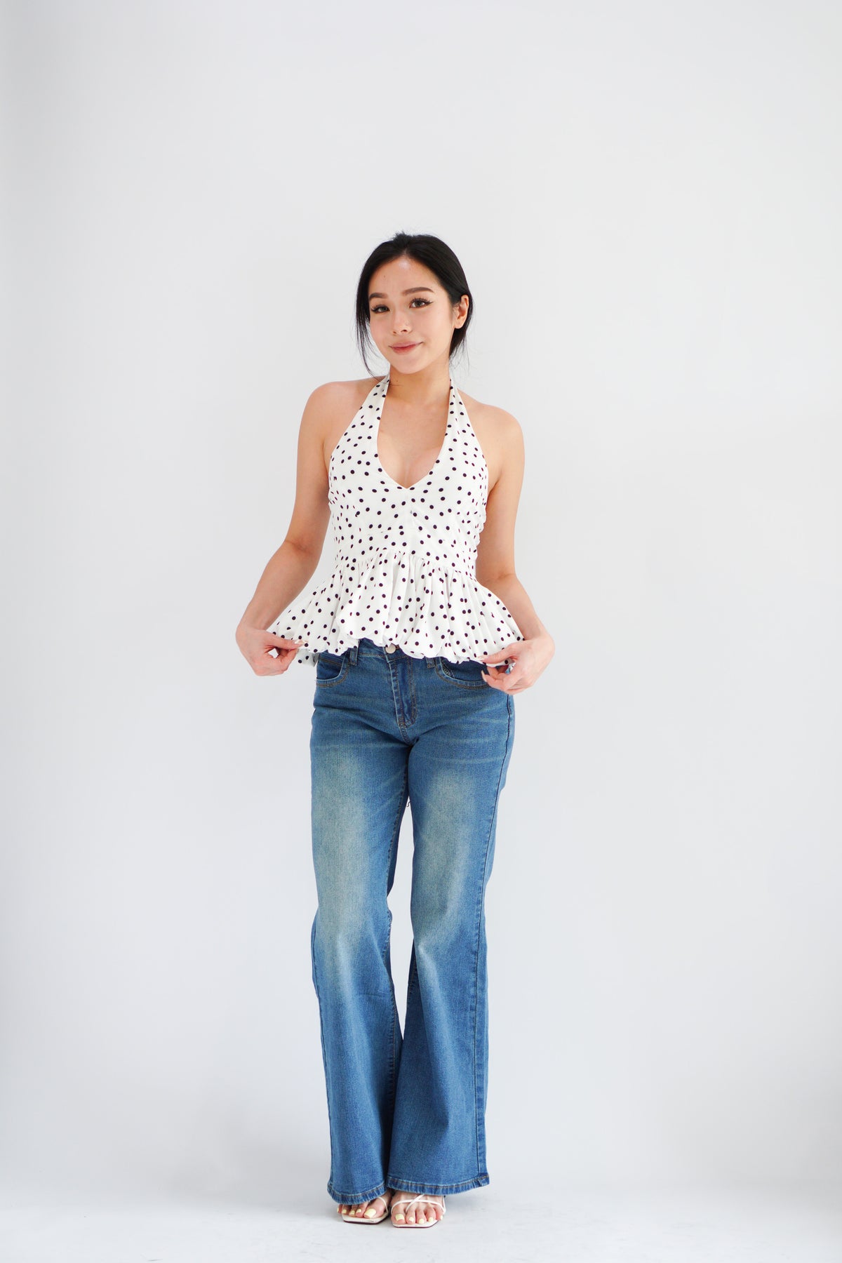 Lizz Halter V Neck Polkadot Top in White